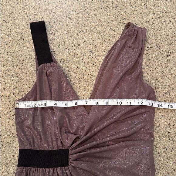 EXPRESS Mocha Shimmer Asymmetrical Hem Mini Dress - Picture 7 of 10